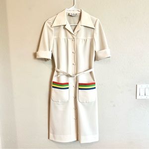 Vintage rainbow button up collared casual summer shift sun dress belted S